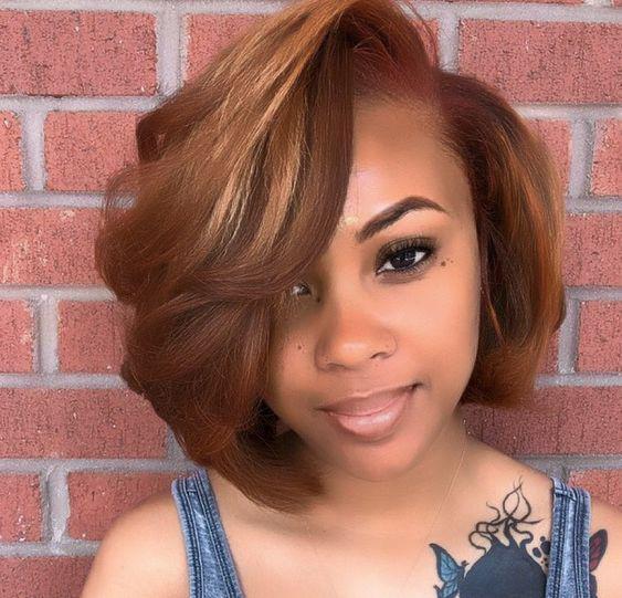 Brown layered bob with deep side part 