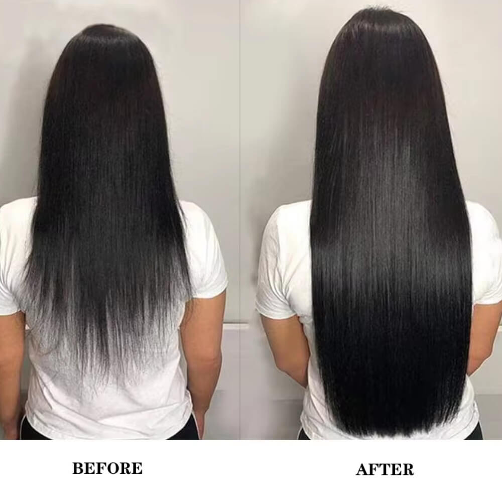 Natural Black Bone Straight Machine Weft Hair Extensions Before After
