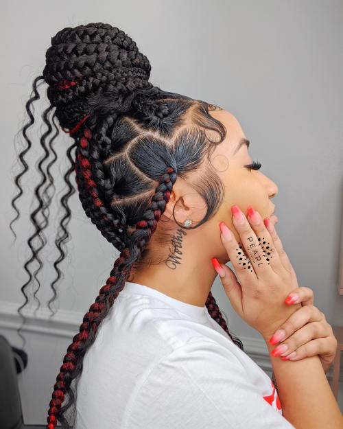 Black braids with red highlights
