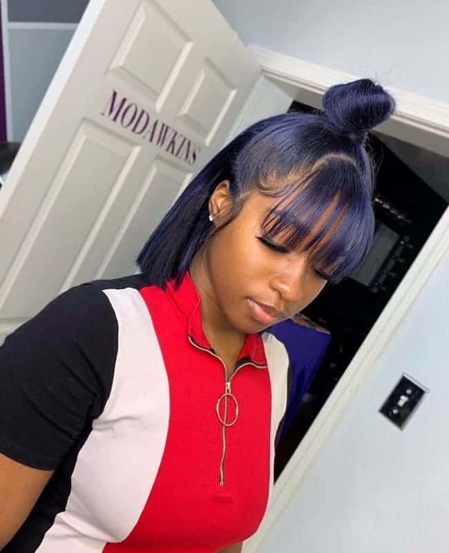 Blue hair sew-in topknot