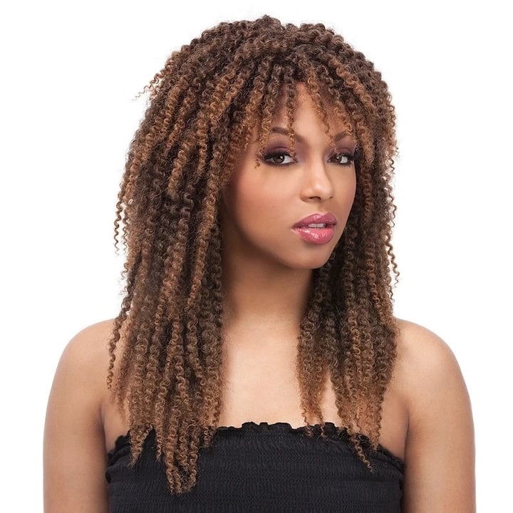 Brown kinky curly weave with bangs