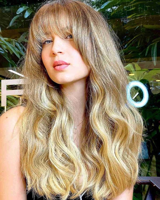 Long wavy hair with bangs